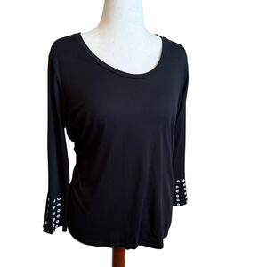 Michael Kors knit top black 3/4 flare sleeve with white flower dot details Sz XL